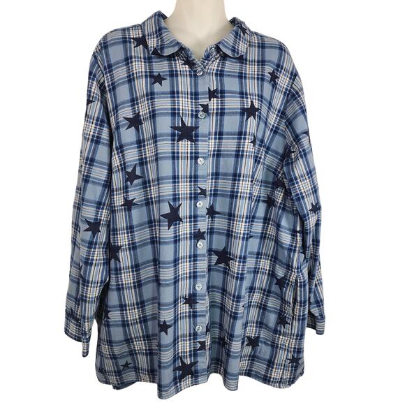 Joan Rivers Tops - Joan Rivers Womens Celestial Plaid Flannel Shirt XL Star Print Chambray A464813